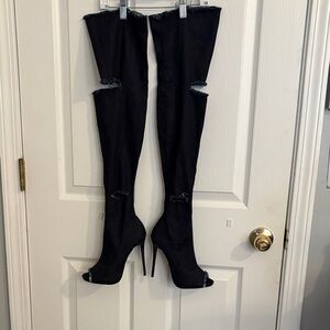 Over-the-Knee Navy Blue Jean Stiletto Boot - Sleek High Heel Thigh Boot